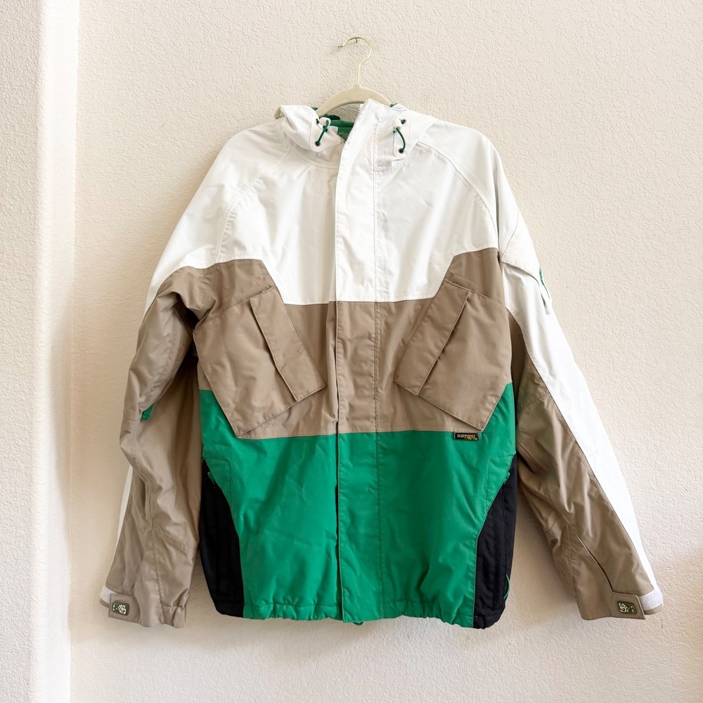 Burton Mens Snowboard Jacket Colorblock White Green Tan Hooded Ski Coat L